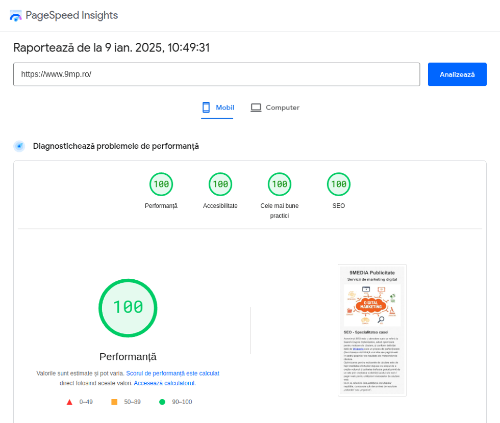 Rezultatul testului Google Page Speed Insights pentru site-ul www.9mp.ro